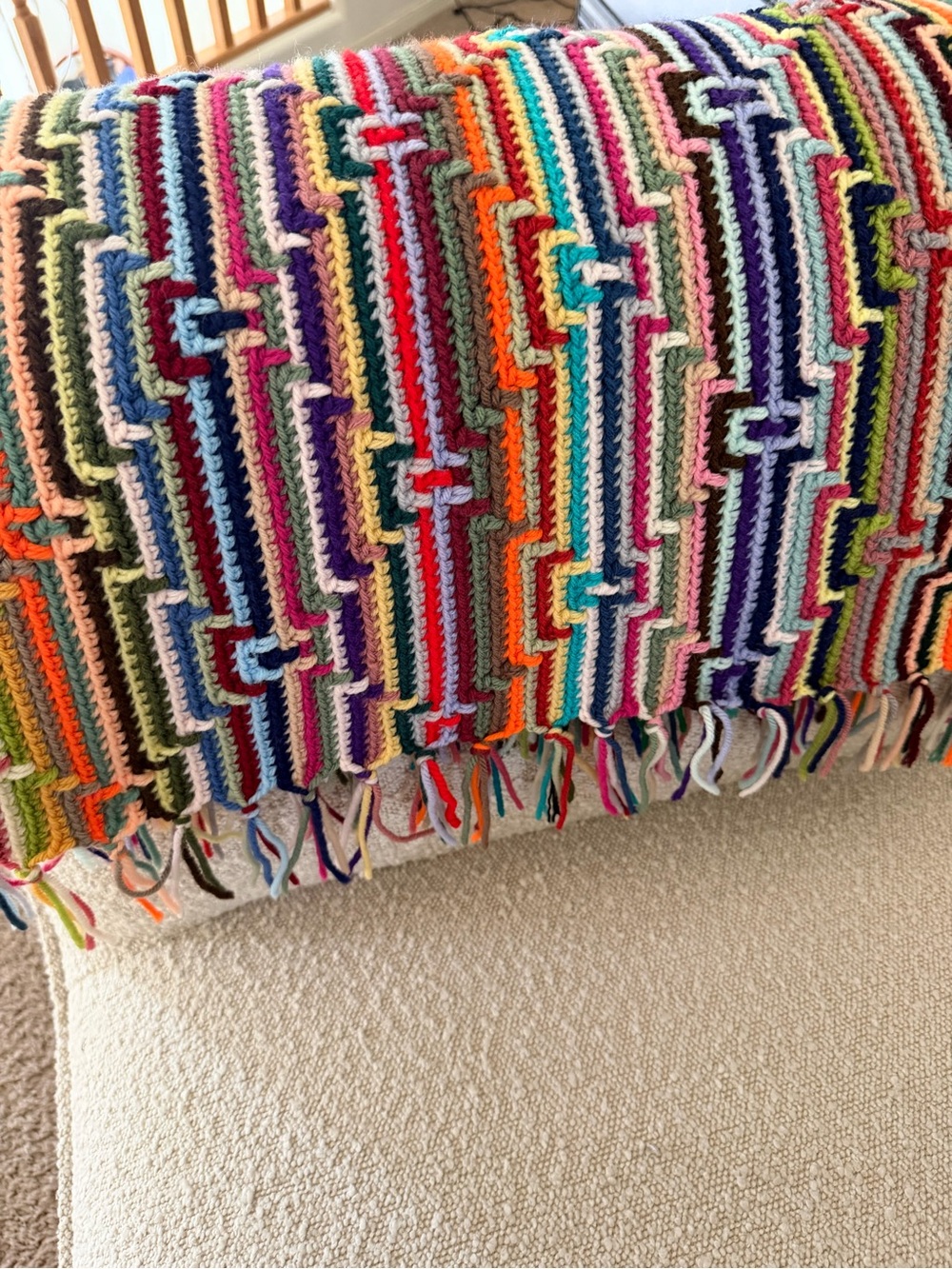 Vintage Hand Crochet Mosaic Afghan Blanket Throw Rainbow Fringe 42x42